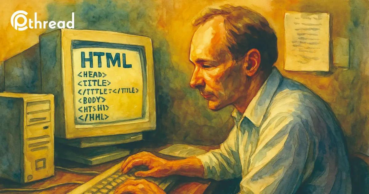 Tim Berners-Lee sedang ngoding HTML di depan PC tahun 90-an, vibe tinta air klasik